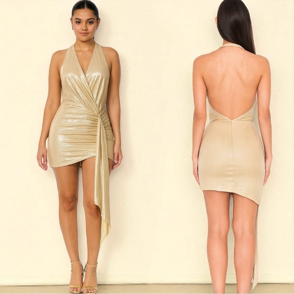 225 Shein | NWOT Gold Metallic Halter Mini Dress (Size XS) - 3for15